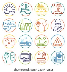 Big collection of colorful travel icons in vector. Vacation, holiday, relax. Summer cruise elements.