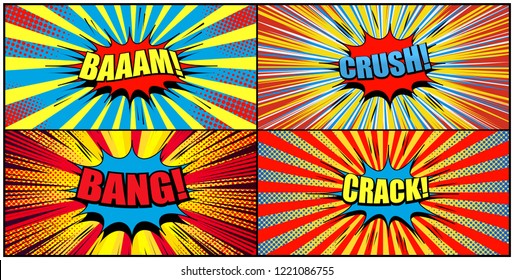 Big collection of comic backgrounds with colorful speech bubbles Bam Bang Crush Crack wordings sound radial rays and halftone effects. Vector illustration