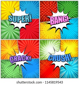 Big collection of comic book pages with colorful Crush Crack Bang Super inscriptions white speech bubbles radial rays spiral circles grid and halftone effects in pop art style. Vector illustration