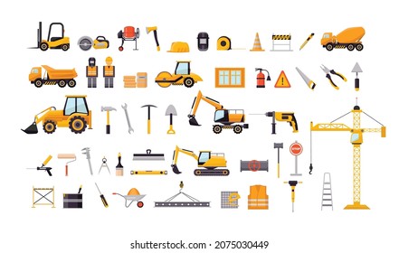 Big collection of construction equipment and tools. Flat illustrations for engineering.