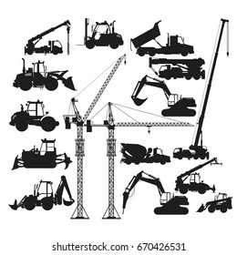 Big collection of construction vehicles and heavy machines, building  equipment set, EPS 8