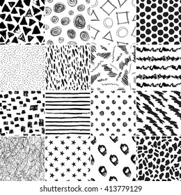 Big collection of Creative Hand Drawn seamless patterns. Stars, drops, squares, dots, stripes grunge endless textures. 