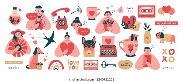 Gran colección de creativas pinturas de San Valentín.Cute kawaii ilustraciones de personas, perros, cintas, máquina de escribir, cassette, teléfono, corazón, carta de amor, taza. Videocámaras de dibujos animados con texto.