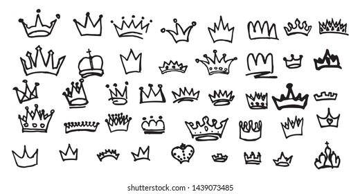 Big collection of Crown logo graffiti hand drawn icon.  Black elements isolated on white background.  Line art. Monochrome crowns on white.