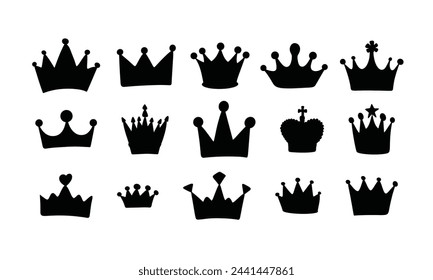 Big collection of crown silhouettes. Hand drawn vector art.