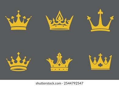 Big collection crowns logo. Crown icon set. Collection of crown silhouette, Set of golden royal crowns decorated with precious stones heraldic shield and crossed swords isolated vector