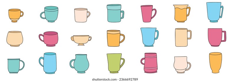 Big collection of cups and mug colored outline. Cup in doodle style isolated on white background. Hand drawn cup and mug. Vector illustration.