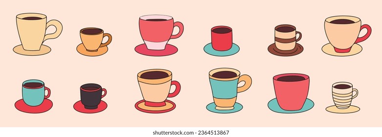 Big collection cups with saucers colored outline. Hand drawn cup and saucer in doodle style isolated on white background.  Vector illustration.