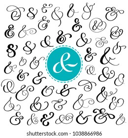 Big collection of custom handwritten ampersands. Polished hand drawn symbols for wedding invitation. Vector illustration