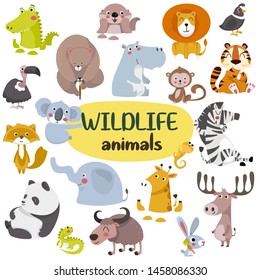 Big collection of cute animals collection of wild jungle, savannah and wildlife animals. Set of cute cartoon characters isolated on white background.