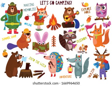 Big collection of cute camping animals in hand drawn style. Set of woodland animals characters isolated on white background.