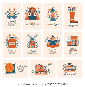 Big collection of cute cards with illustrations of people, houses, winmill, sweet baking, books, jars, rabbit, boot, lantern, flowers, plants. Cottagecore aesthetics. Village slow life. Flat clip arts
