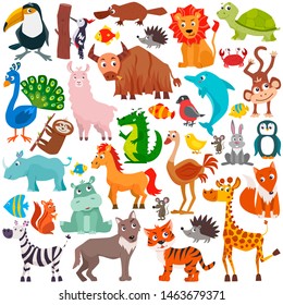 Big collection of cute cartoon animals. Vector flat illustration.