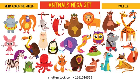 Big collection of cute cartoon animals around the world. Part II. Set of wild and woodland animals characters isolated on white background.