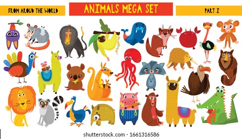 Big collection of cute cartoon animals around the world. Part I. Set of wild and woodland animals characters isolated on white background.