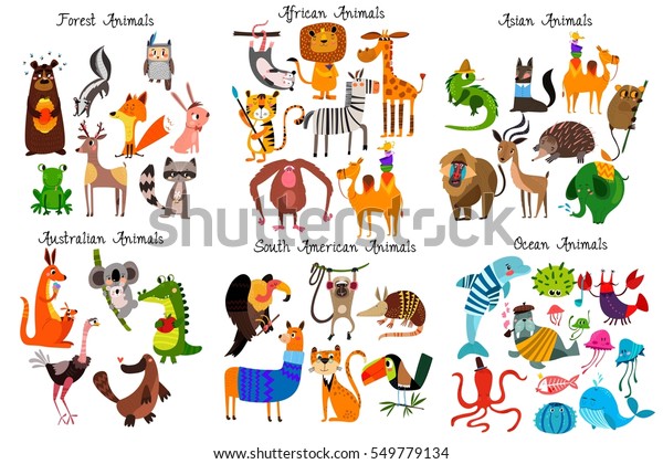 Big collection of cute cartoon animals from
different continents: Forest,Australian, African ,South american
animals,Ocean animals and Asian animals.Vector illustration
isolated on white