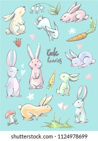 Big collection of cute cartoon style hares in different positions , bunnies with carrots, hearts, mushroom, grass, flowers, strawberry and lily of the valley