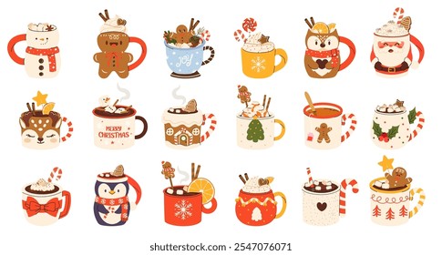 Big collection of cute Christmas Mugs in various shapes. Flat cartoon beverages. Сacao with whipped cream, marshmallow and candy cane. Seasonal flavored products, cards for New Year or winter holidays