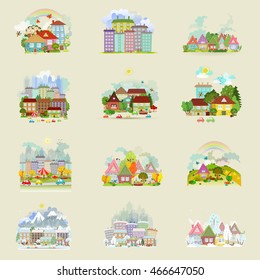 big collection of cute cityscape in different season for your design