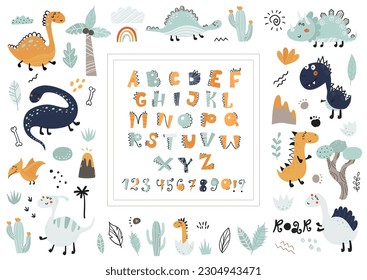 Big collection of cute dinosaurs, alphabet and numbers. Perfect for kids bedroom, nursery decoration, posters and wall decorations