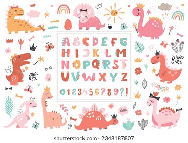 Große Sammlung von süßen Dinosauriern, Alphabet und Zahlen. Ideal für Kinderzimmer, Kinderdekoration, Poster und Wanddekoration
