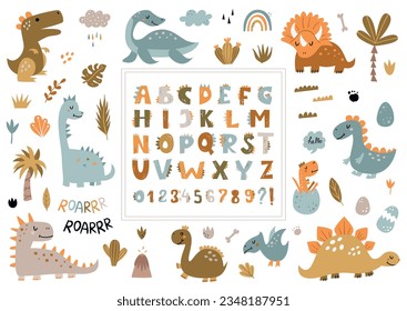 Big collection of cute dinosaurs, alphabet and numbers. Perfect for kids bedroom, nursery decoration, posters and wall decorations