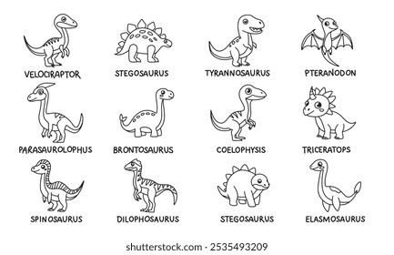 Big collection of cute Dinosaurs with name in doodle style. Hand drawn vector art.