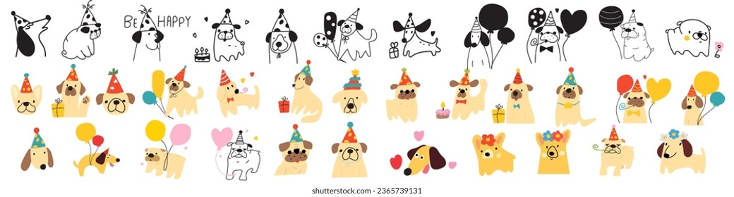 Big collection of cute dogs. Flat and outline design. Birthday party. Best for greeting cards or social media. Vector hand drawn illustrations on white background.