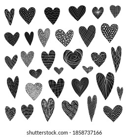 Big collection of cute doodle black hand drawn textured hearts for Valentines day greeting cards and banners design. Lovely heart illustration for romantic decoration