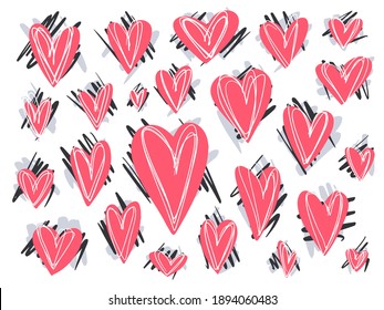 Gran colección de adorables corazones rosados dibujados a mano de doodle con suaves fondos texturados para tarjetas de felicitación y banners de San Valentín diseño, pegatinas