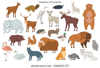 Gran colección de lindos animales salvajes europeos y pájaros divertidos. Paquete de personajes de dibujos animados adorables aislados sobre fondo blanco. Fauna de Europa. Ilustración vectorial colorida en estilo lineal plano.