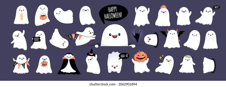 Big collection of cute happy ghosts with different emotions and face expressions. White scary spirits in cartoon style. Cute baby ghosts for Halloween party