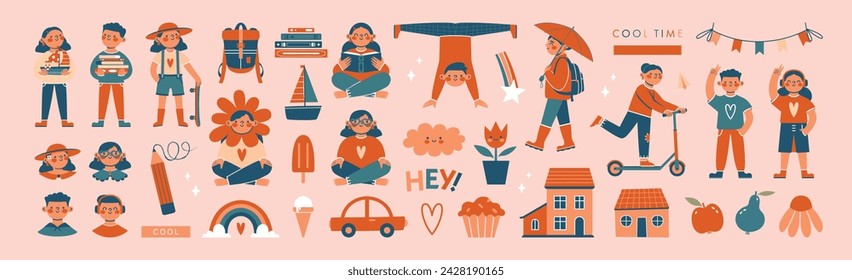 Big collection of cute illustrations with cartoon kids, children, school boys and girls in various poses. World Children's Day. Kawaii clip arts  with books, toys, faces, skateboard, scooter, books.