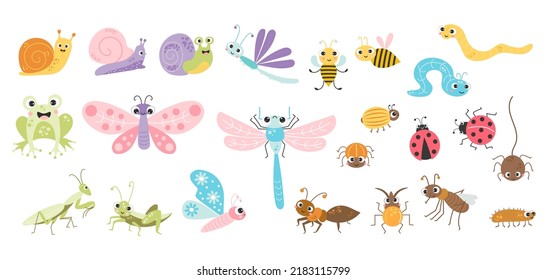 Big collection of cute insects. Funny decorative characters of snail, beetle, dragonfly and butterfly, bee and ant, spider and grasshopper. Vector illustration. isolated element for design, decoration