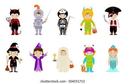 Big collection of cute little kids in halloween costumes of witch, skeleton, devil, ghost, monster, fairy and pirate with halloween accessories like sweets pumpkin bag, broom, spider.