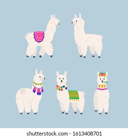 Big collection of cute llamas and alpacas. hand drawn illustrations, cards and design for nursery design, poster, greeting card