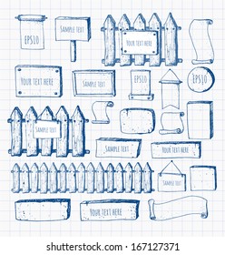 Big collection of cute pen sketch rustic backgrounds . Fences, plates, announcement boards and other objects. Hand-drawn with ink. Vector sketch illustration. 