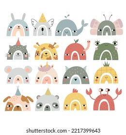 Big collection of cute rainbows with animal faces. Vector illustration