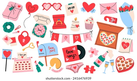 Big collection of cute romantic elements. Valentine's day or February 14 concept. Flat vector illustration isolated on white background.