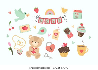 Gran colección de Elementos de Vector románticos lindos incluyendo osito de peluche, cupcakes, cartas de amor, anillos y dulces. Dibujado a mano Clipart pastel para tarjetas de felicitación de San Valentín, pegatinas, planificadores y scrapbooking.
