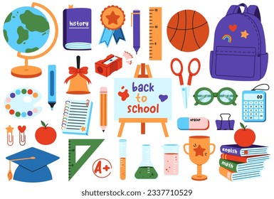 Big collection of cute school stationery in flat cartoon style. Set of hand drawn accessories for study, student equipment. Back to school concept. 