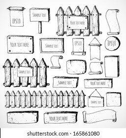 Big collection of cute sketch rustic backgrounds. Fences, plates, announcement boards and other objects. Hand-drawn with ink. Vector sketch illustration.