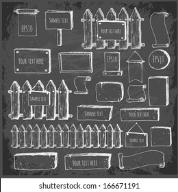 Big collection of cute sketch rustic backgrounds hand-drawn on blackboard. Fences, plates, announcement boards and other objects. Hand-drawn with ink. Vector sketch illustration. 