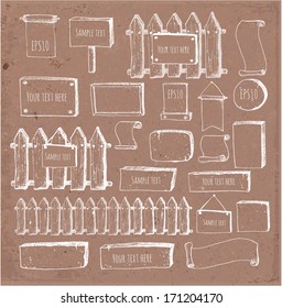 Big collection of cute sketch rustic backgrounds. Fences, plates, announcement boards and other objects. Hand-drawn on brown paper.  Vector sketch illustration.