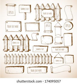 Big collection of cute sketch rustic backgrounds. Fences, plates, announcement boards and other objects. Hand-drawn with ink in vintage style. Vector sketch illustration.