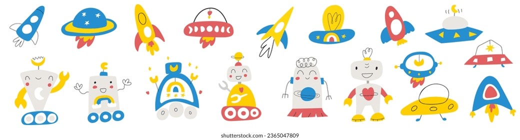 Big collection of cute space robots and spaceships. Kids art. Children illustrations. Hand drawn flat vector graphic design on white background. 