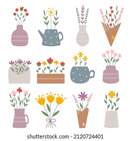 Big collection of cute spring garden flowers, bouquets in vase, pot, ceramic cup and craft paper. Illustration for floristic cards, gift tags, 8 of March and Easter decor, wedding gifts, invitation.