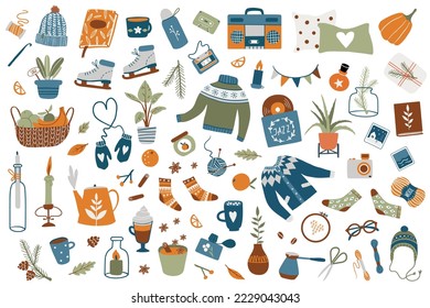 Big collection of cute things: home interior objects, books, knitted clothes, candles, warm drinks, hobby tools, plants, ice skates. Flat style hand drawn elements. Cozy winter lifestyle concept