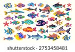 Big Collection of Cute Tropical Fish and Ocean Animals Cartoon Vector Illustration
