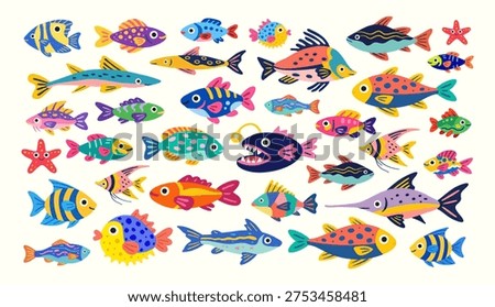 Big Collection of Cute Tropical Fish and Ocean Animals Cartoon Vector Illustration
